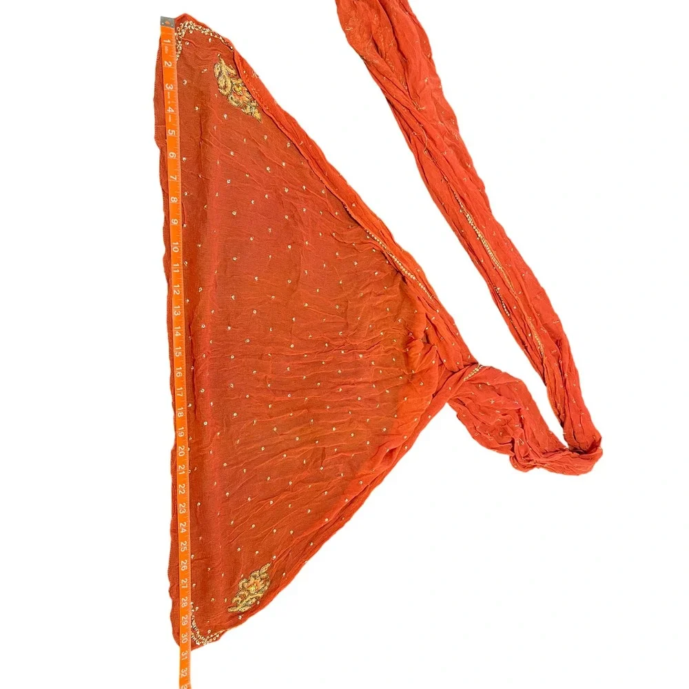 Orange Red Sequin Embroidered Crinkle Chiffon Dupatta‎ Scarf Gold Floral Detail